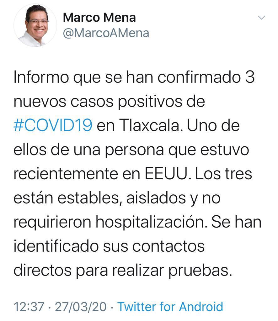 Confirman tres casos más de Covid 19 en Tlaxcala
