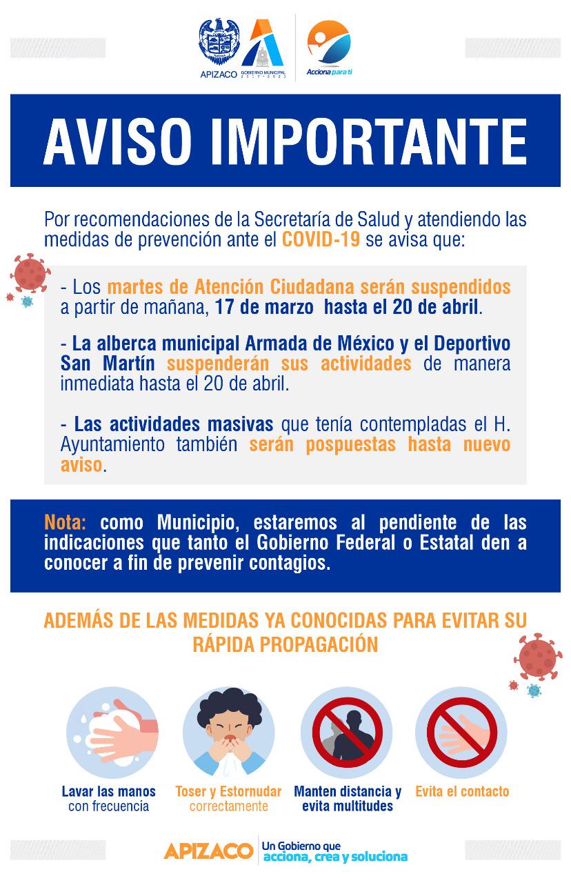 Apizaco suspende actividades masivas por prevención del Covid-19