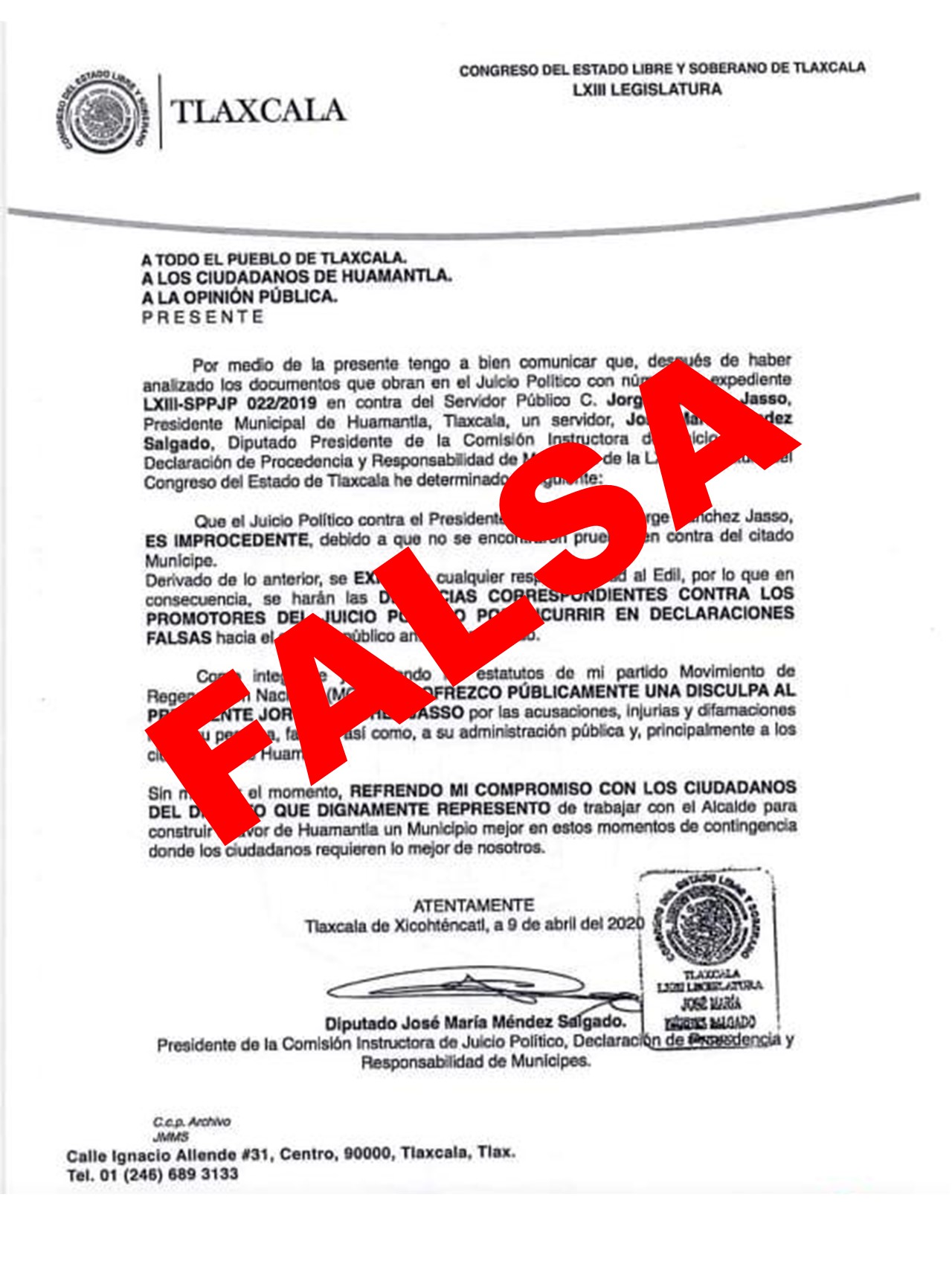 Carece de veracidad documento de culminación contra alcalde de Huamantla: Congreso