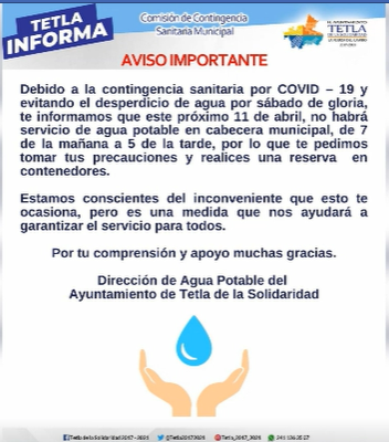 Próximo 11 de abril no habrá servicio de agua en Tetla