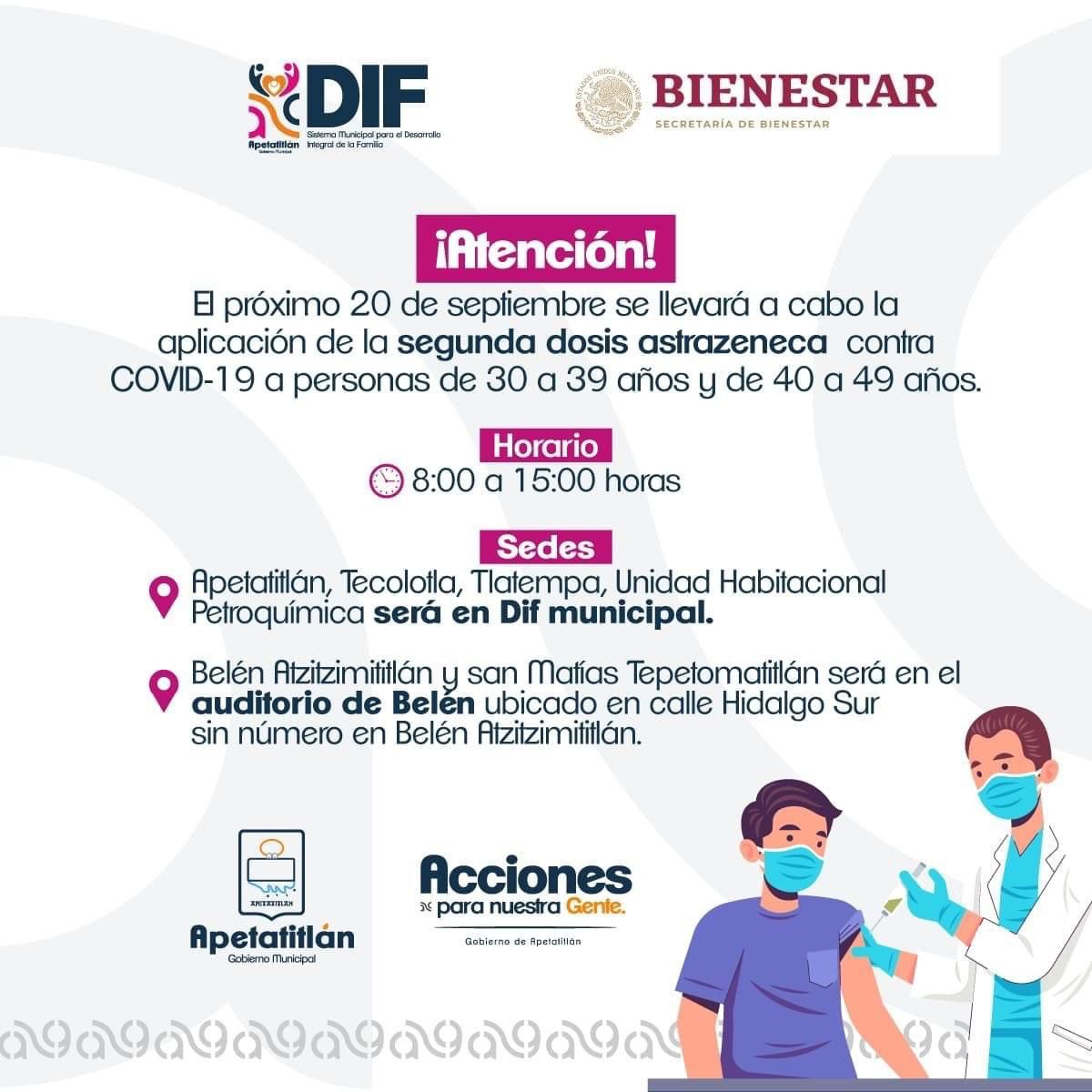 Invita  Apetatitlán a aplicación de vacunas contra COVID -19