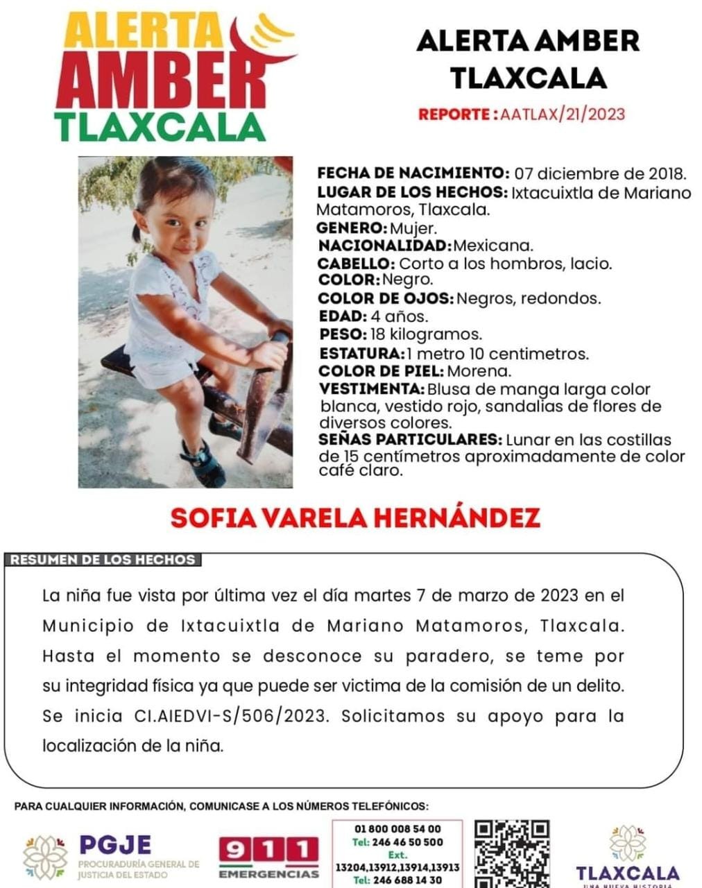 Emite Alerta Amber Tlaxcala ficha de búsqueda de Sofía Varela Hernández